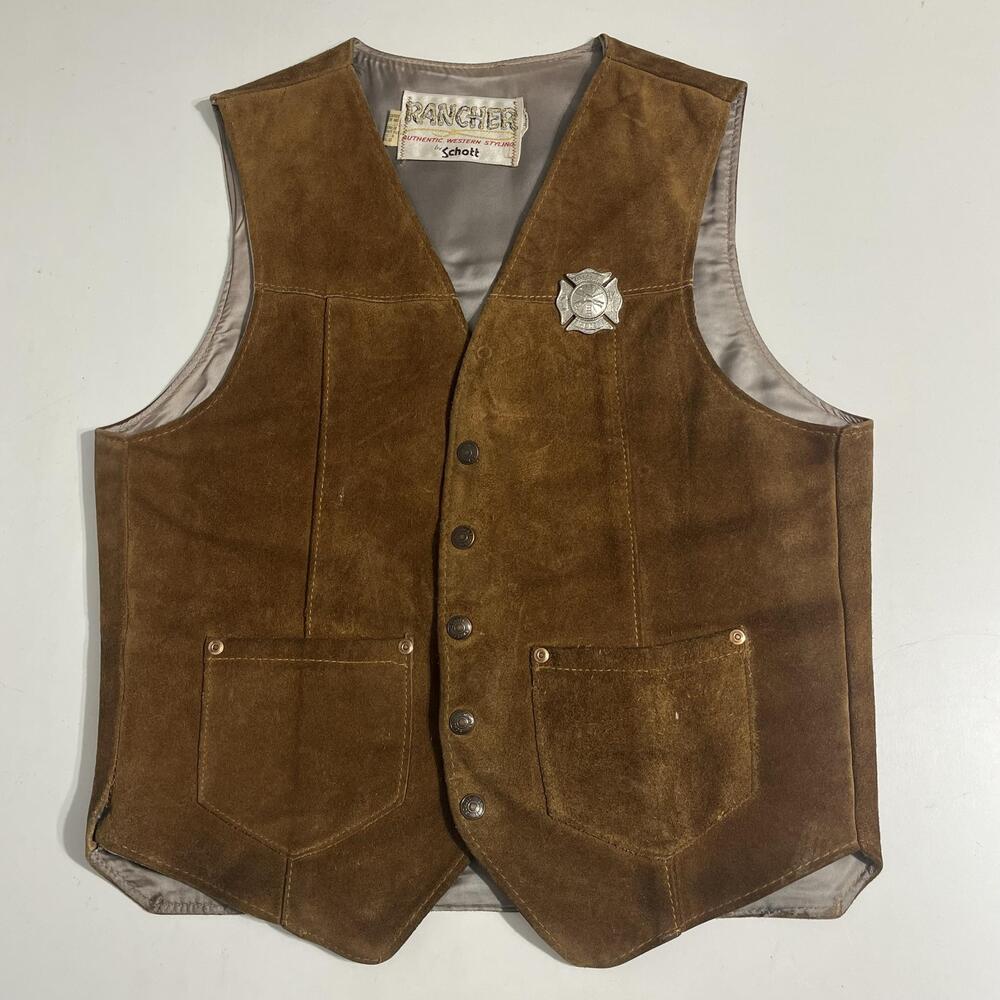 Vintage Schott Rancher Vest 70s Brown Suede Western Snap Cowboy Lined yoke Badge